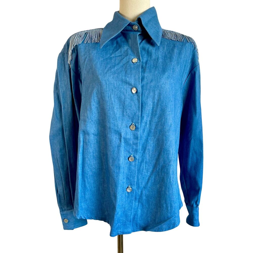 Vintage 100% Cotton Cowboy Western Fringe Chambray Denim Shirt Pearl Button M